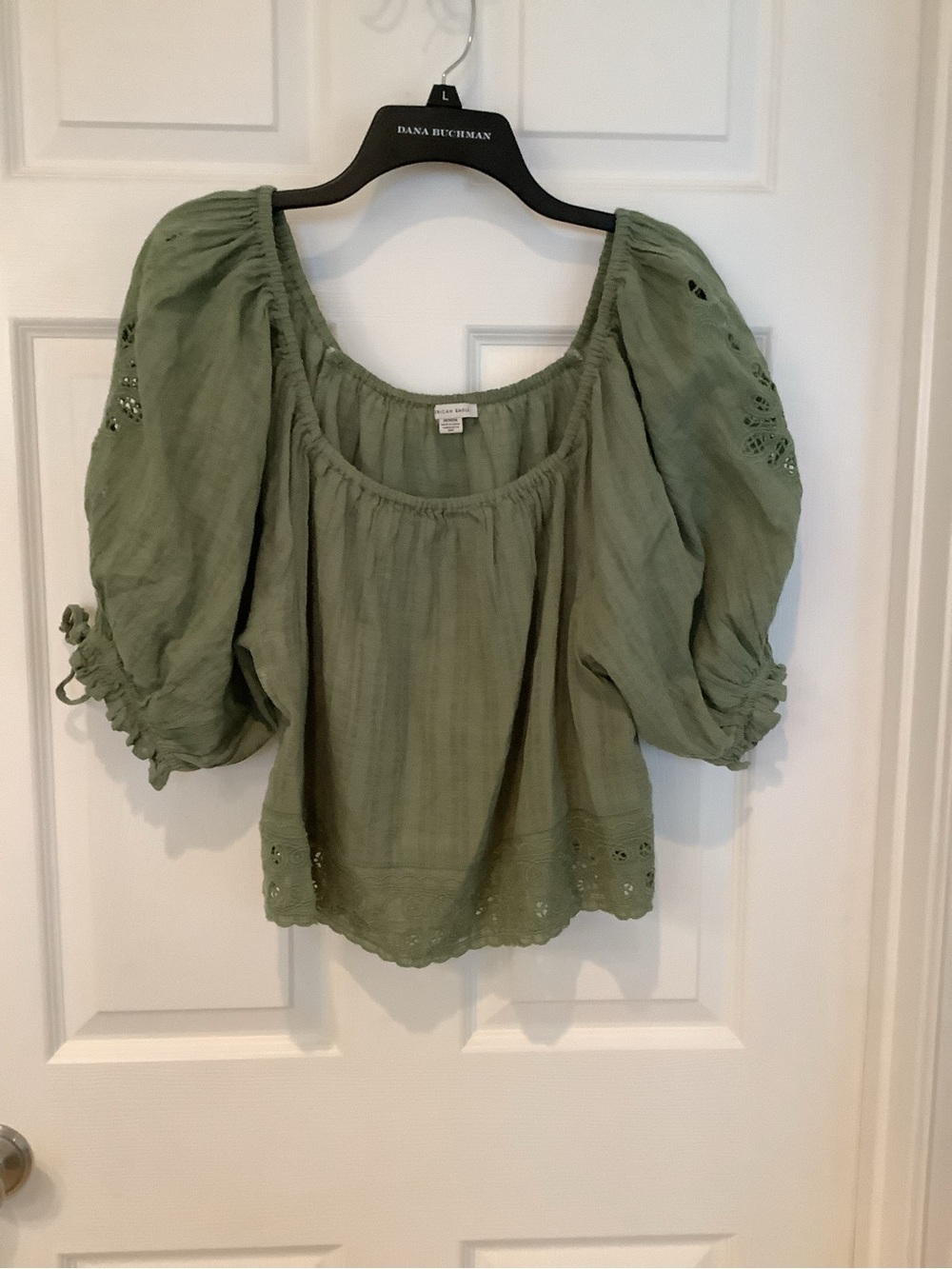 American Eagle Outfitters Olive Eyelet Peasant Top